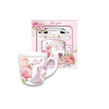 Gift Cup Decorated with Roses With Saucer and Ceramic Spoon