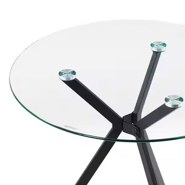 MFurn Round Clear Glass Top Bistro Table with Black Iron Trestle Legs