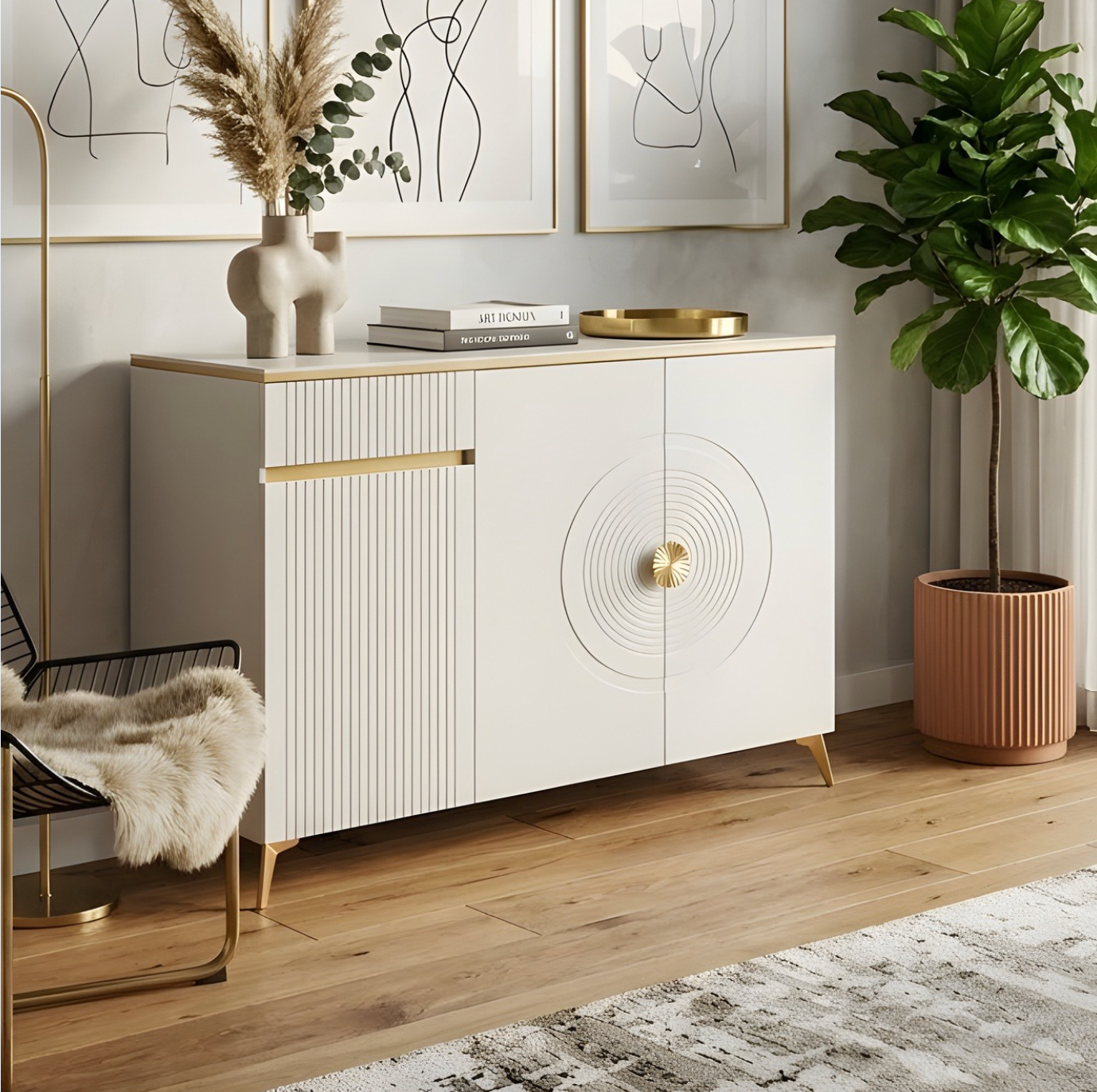 MFurn Modern White & Gold Shoe Cabinet – Slim Entryway Storage