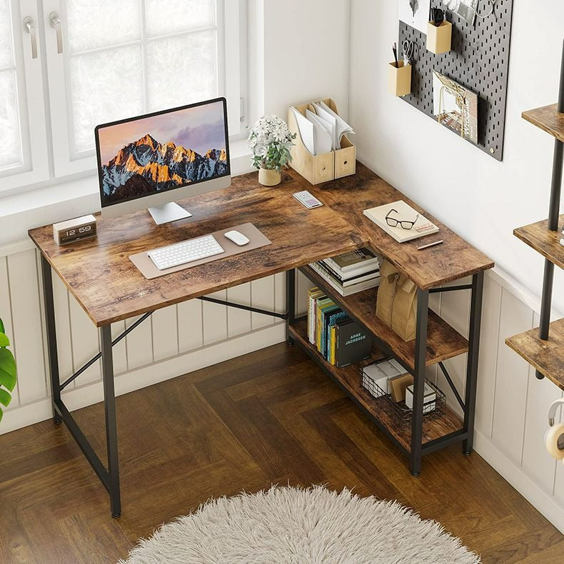 MFurn L-Shaped Computer Desk with Storage Shelves – Reversible Corner Workstation