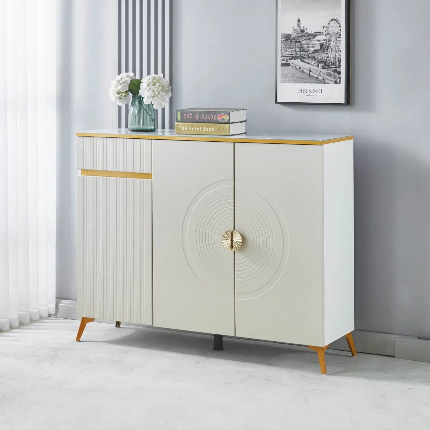 MFurn Modern White & Gold Shoe Cabinet – Slim Entryway Storage