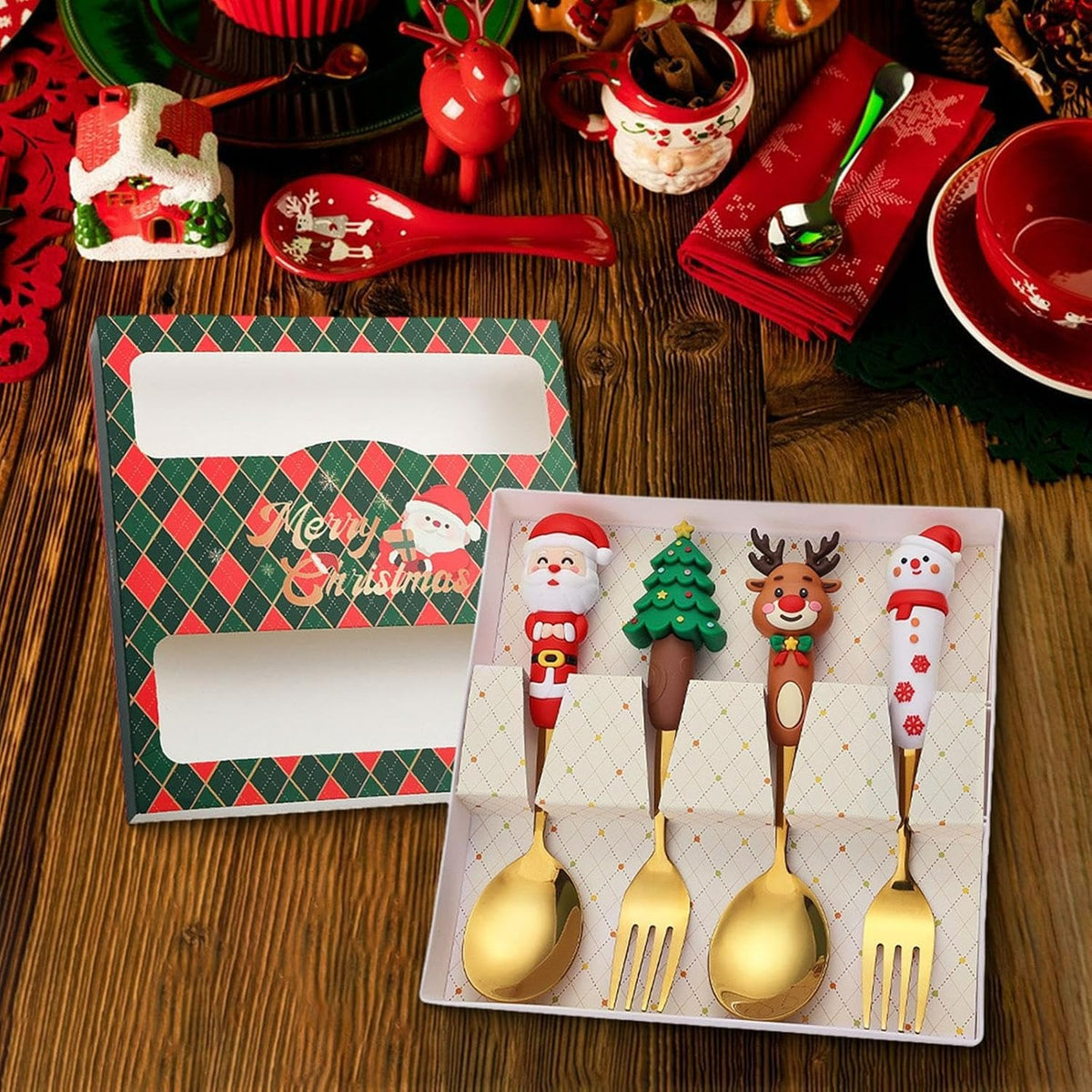 MHome Christmas Spoon and Fork Set, 4-Piece Stainless Steel Cutlery with Festive Figurine Handles