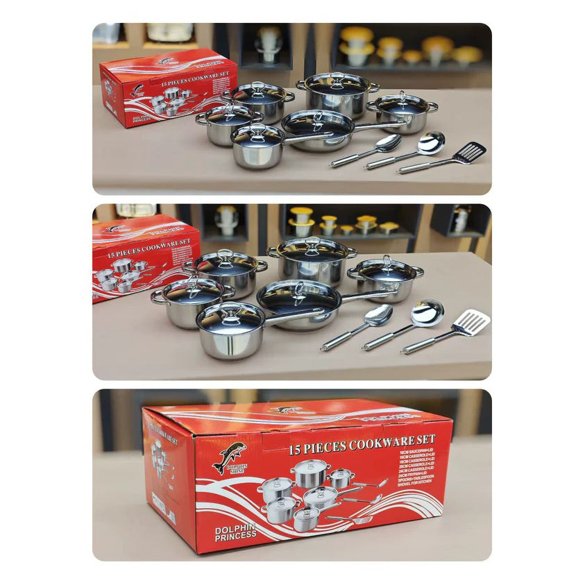 DOLPHIN 15-Piece Stainless Steel Cookware Set – Durable Pots & Pans