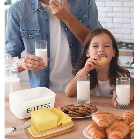 MHome Ceramic Butter Dish with Bamboo Lid and Stainless Steel Knife