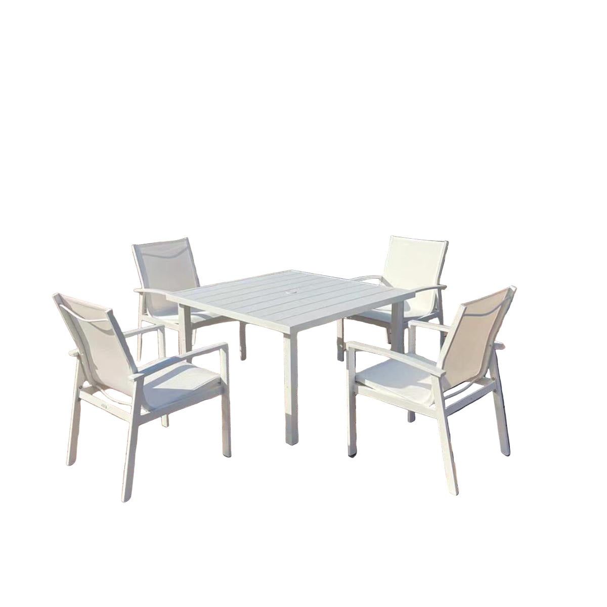 MFurn Zanele Inspired White 6pc  Outdoor Dining Set With Aluminium Frame Inc Umbrella+Base