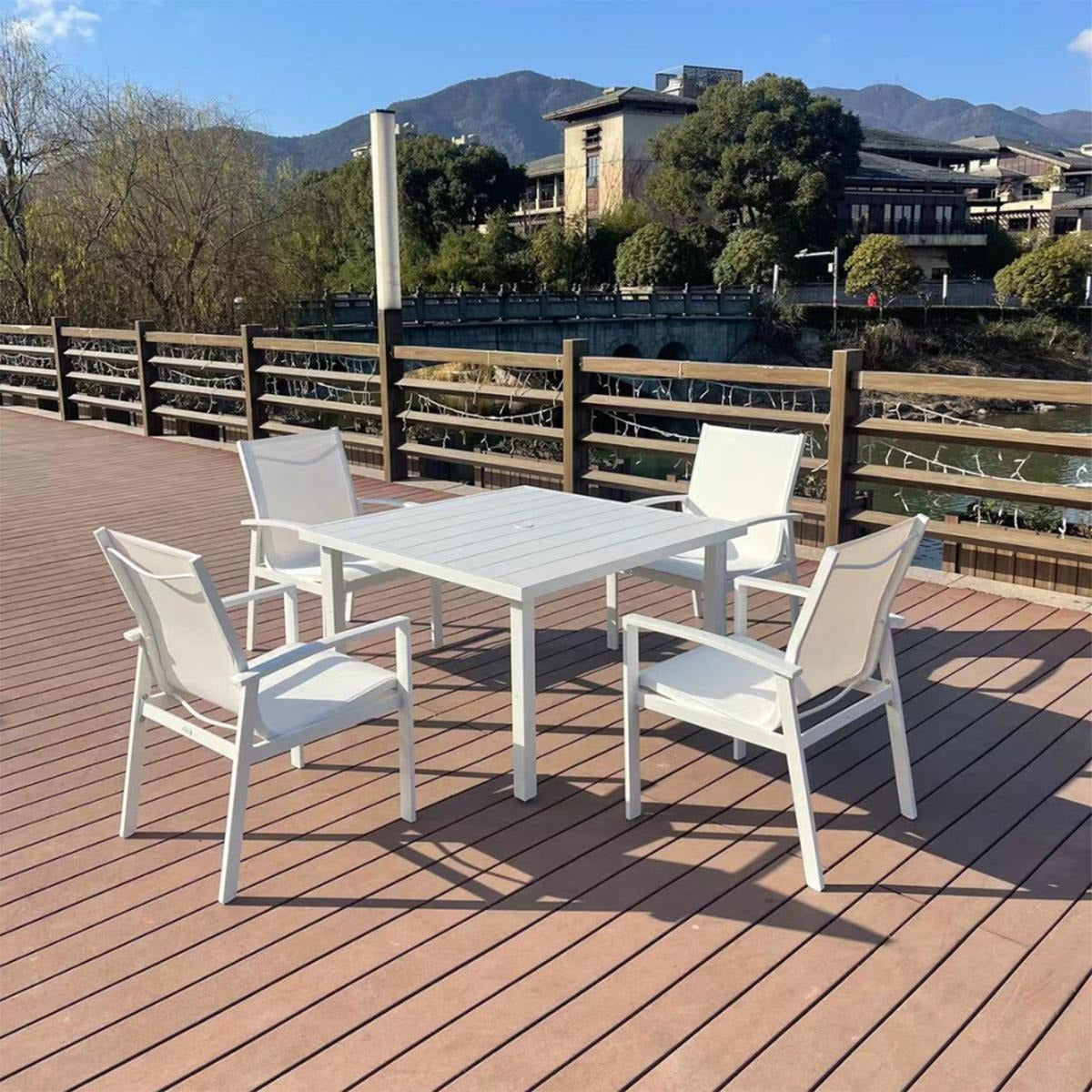 MFurn Zanele Inspired White 6pc  Outdoor Dining Set With Aluminium Frame Inc Umbrella+Base