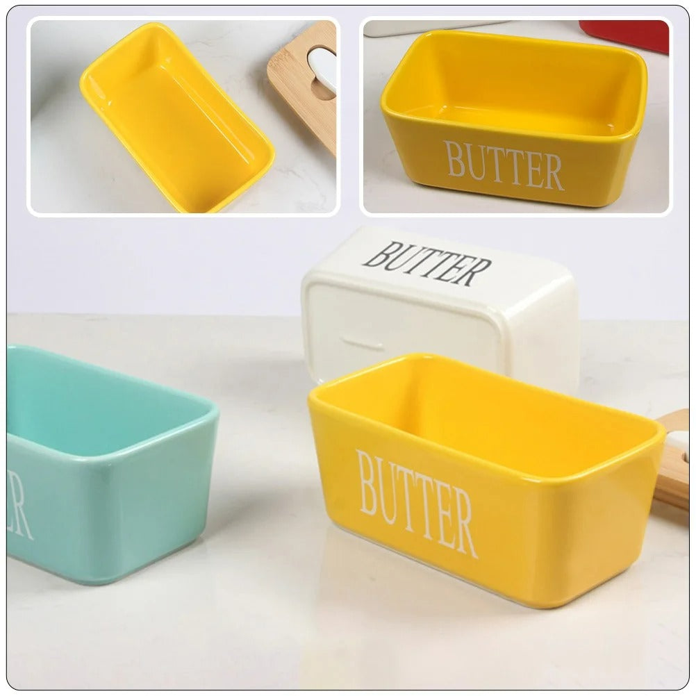MHome Ceramic Butter Dish with Bamboo Lid and Stainless Steel Knife