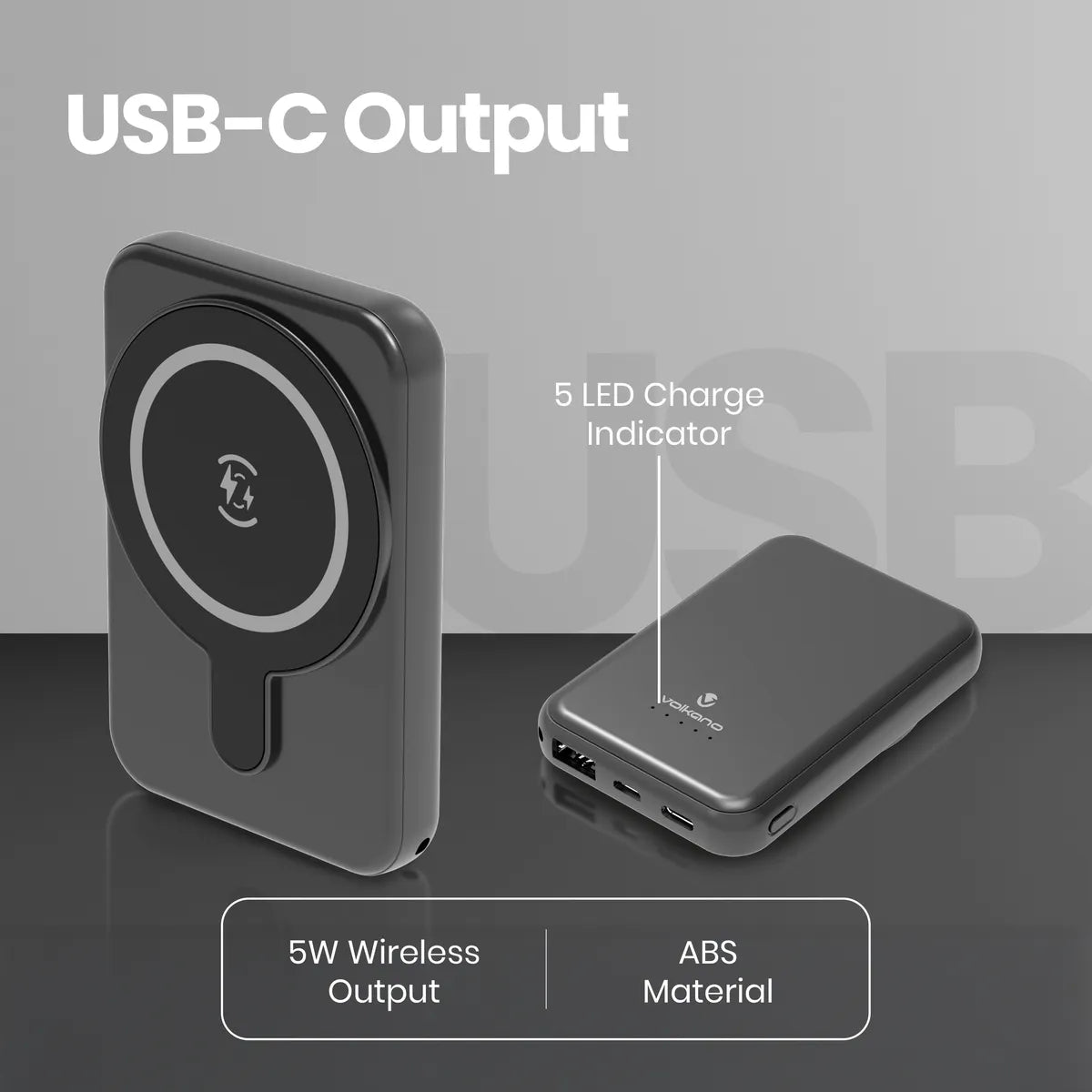 Magnetic Wireless Power Bank, 5000mAh with Type-C and LED Battery Indicator