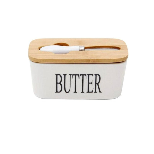 MHome Ceramic Butter Dish with Bamboo Lid and Stainless Steel Knife