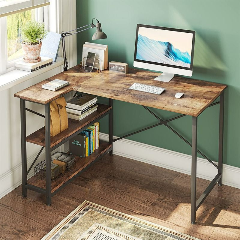 MFurn L-Shaped Computer Desk with Storage Shelves – Reversible Corner Workstation
