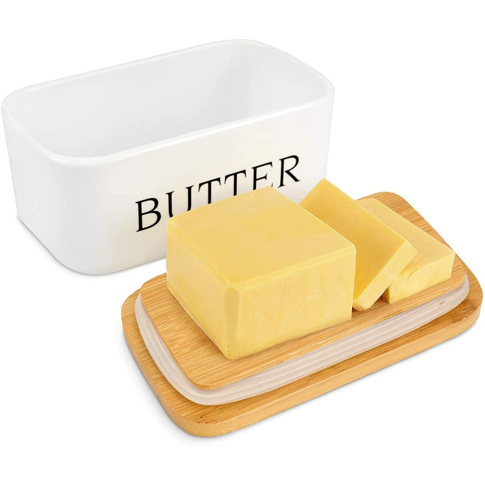 MHome Ceramic Butter Dish with Bamboo Lid and Stainless Steel Knife