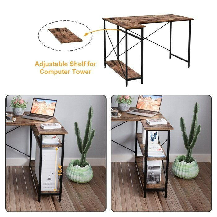 MFurn L-Shaped Computer Desk with Storage Shelves – Reversible Corner Workstation