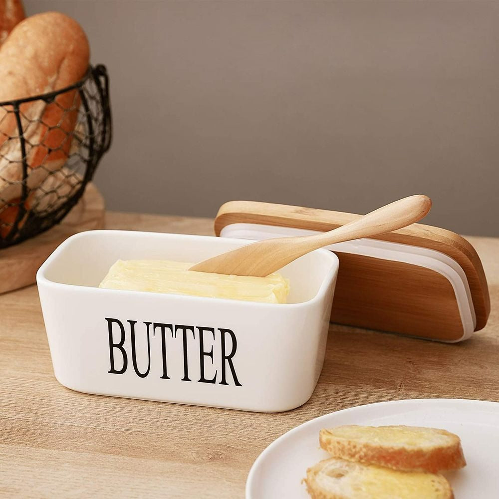 MHome Ceramic Butter Dish with Bamboo Lid and Stainless Steel Knife