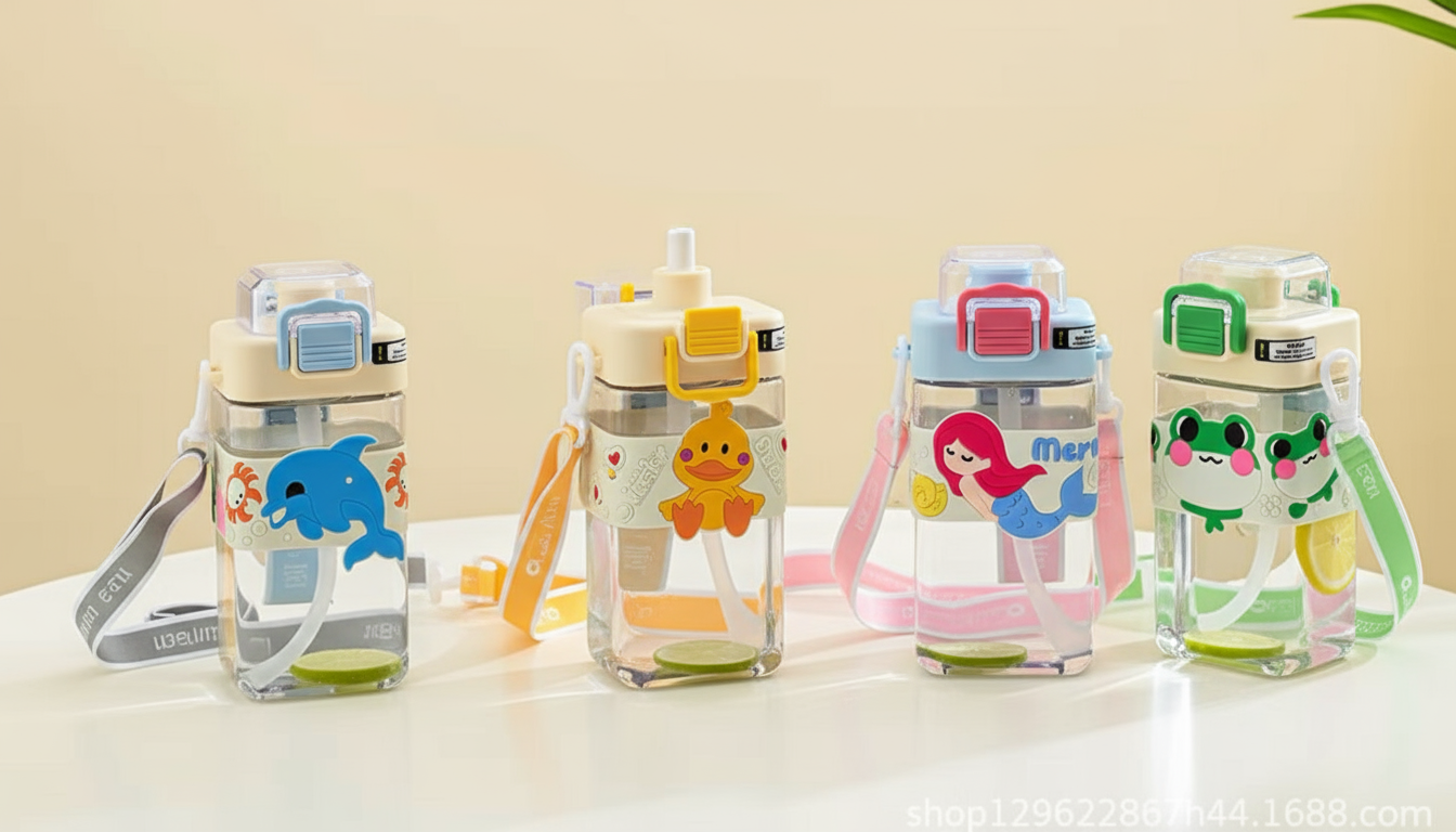 Cute Kids Cartoon Water Bottle With Straw & Strap – Leakproof BPA-Free