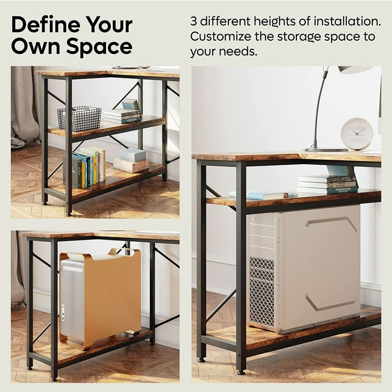 MFurn L-Shaped Computer Desk with Storage Shelves – Reversible Corner Workstation