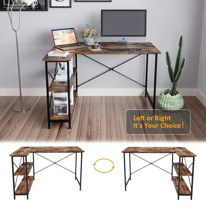 MFurn L-Shaped Computer Desk with Storage Shelves – Reversible Corner Workstation