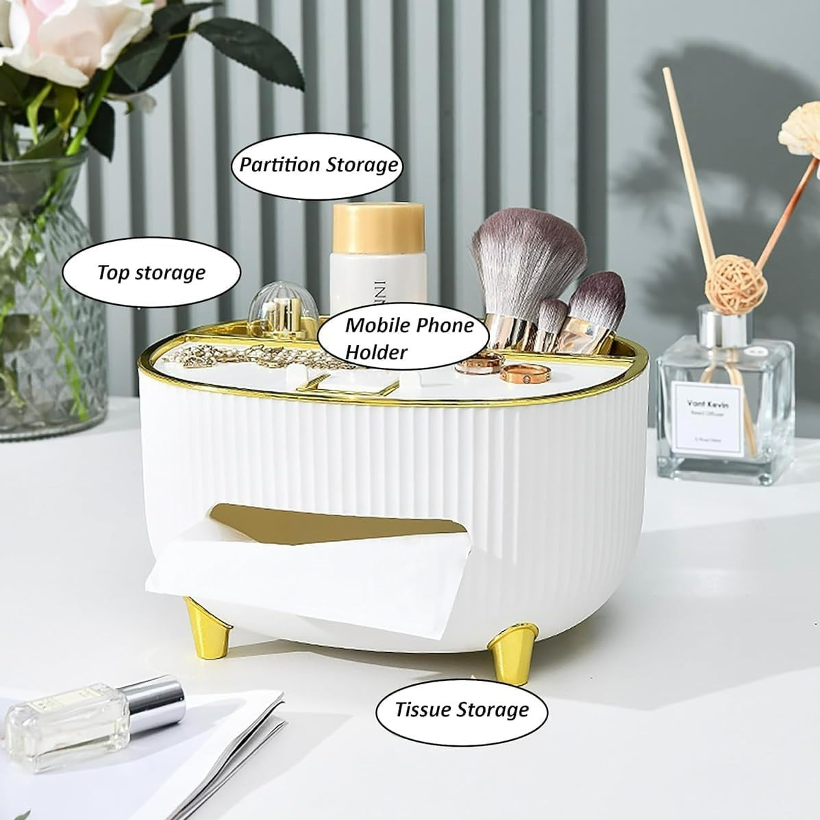 MHome Elegant Tissue Dispenser with Built-In Phone Holder & Storage Compartments