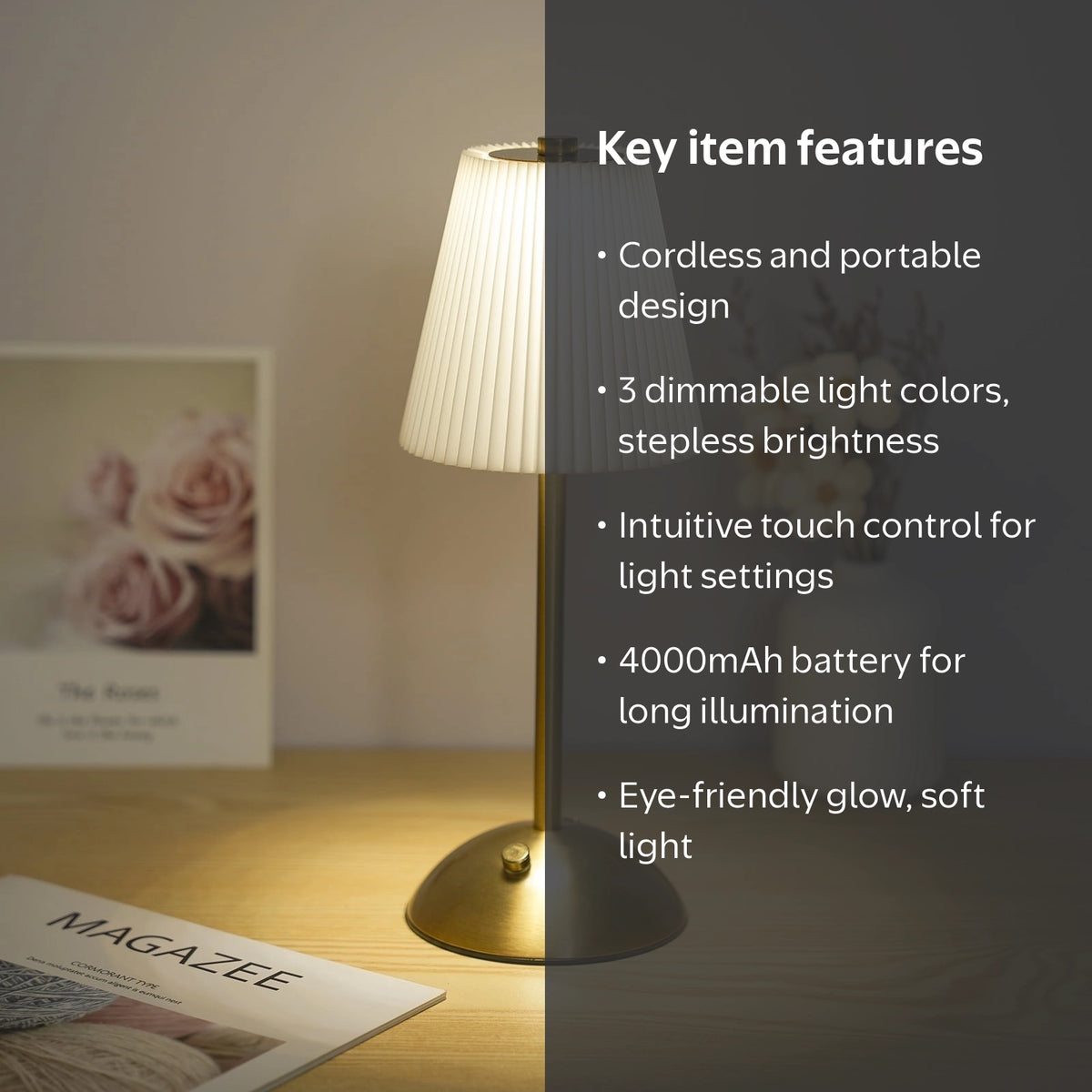 MHome Pleated Shade LED Table Lamp, USB Powered Touch Control with 4 Colour Modes
