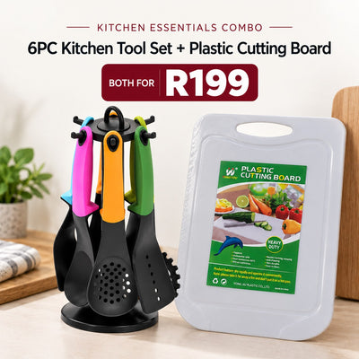 Kitchen Essentials Combo: 6pc kitchen tool set + plastic cutting board, both for R199