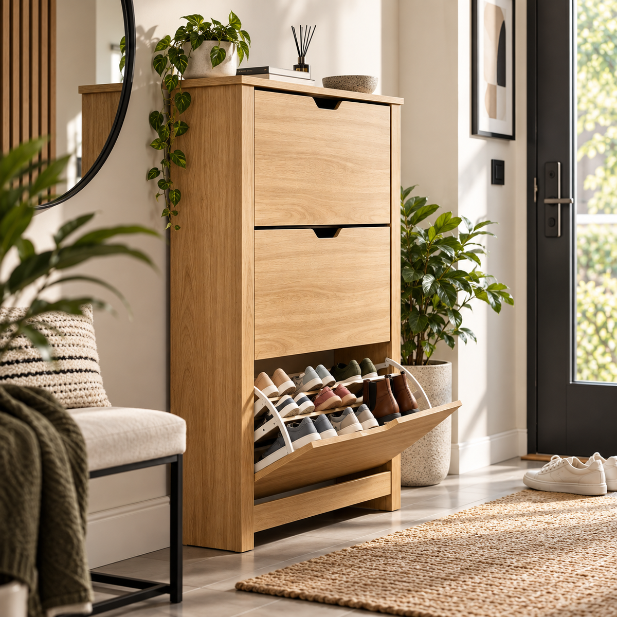 MFurn Slim Tipping Shoe Cabinet with 3 Flip-Down Compartments