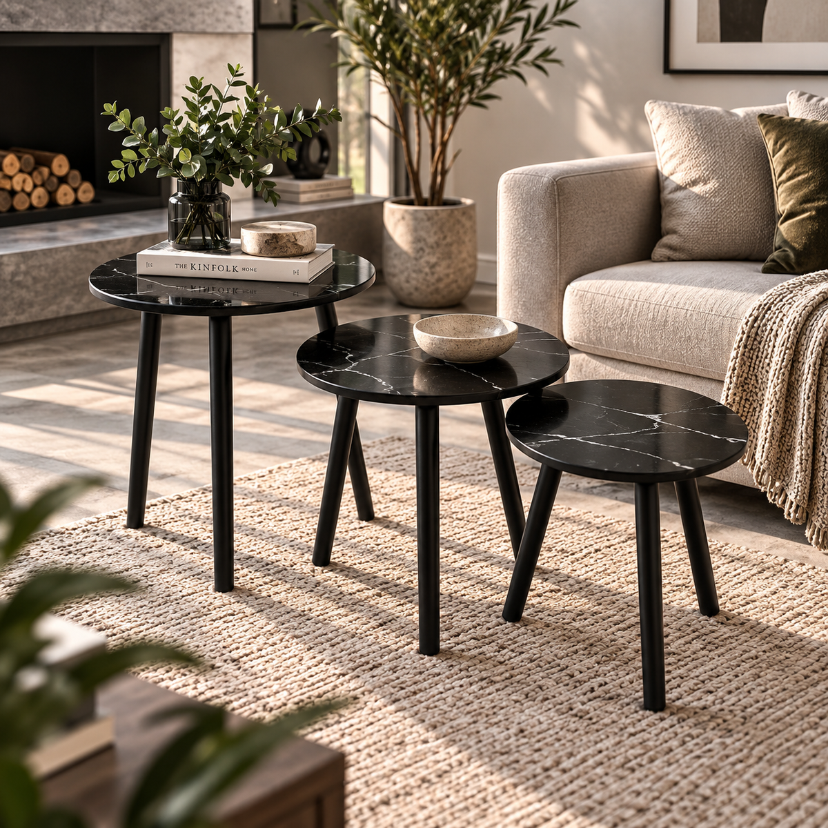 MFurn 3-Piece Round Nesting Side Table Set – Modern Round Coffee & Sofa Tables with Metal Legs