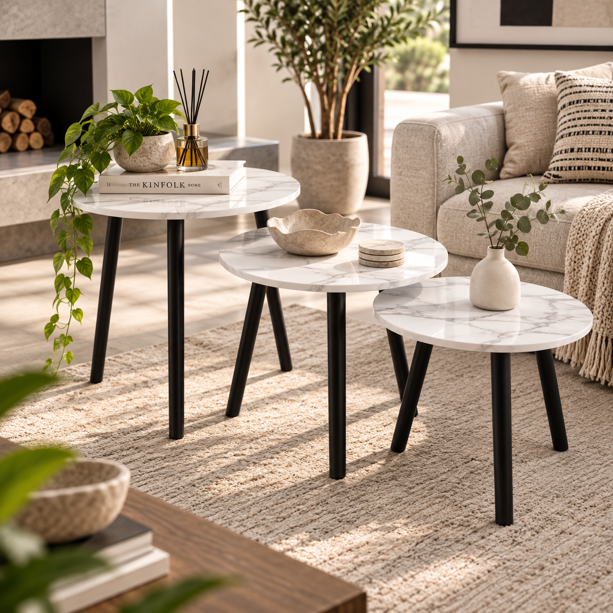 MFurn 3-Piece Round Nesting Side Table Set – Modern Round Coffee & Sofa Tables with Metal Legs