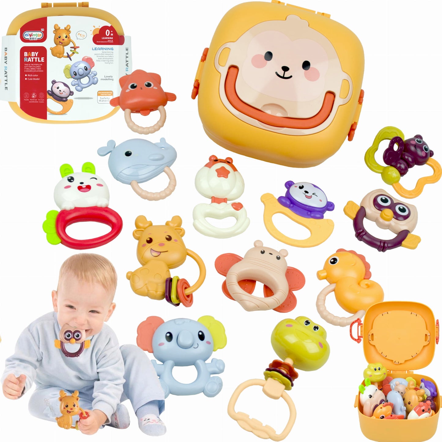 12-Piece Baby Rattles & Teethers Set with Storage Case – Sensory Toys for Newborns (0+ Months)