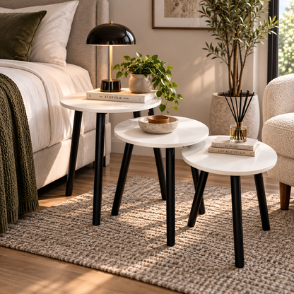 MFurn 3-Piece Round Nesting Side Table Set – Modern Round Coffee & Sofa Tables with Metal Legs