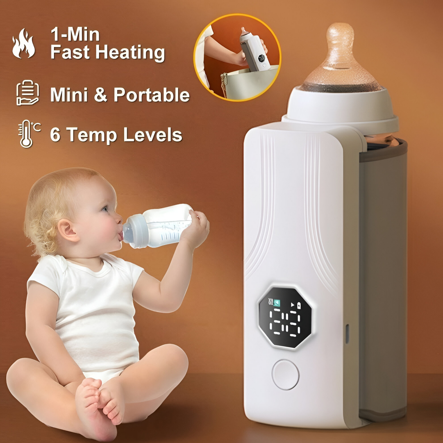 Portable Rechargeable Baby Bottle Warmer – Fast Heating, USB Powered, 6 Temperature Settings