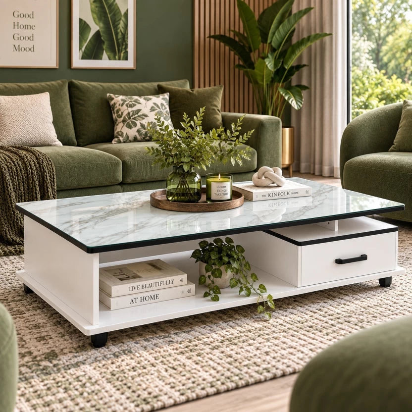 MFurn Modern White Coffee Table with Storage Drawer, 120cm