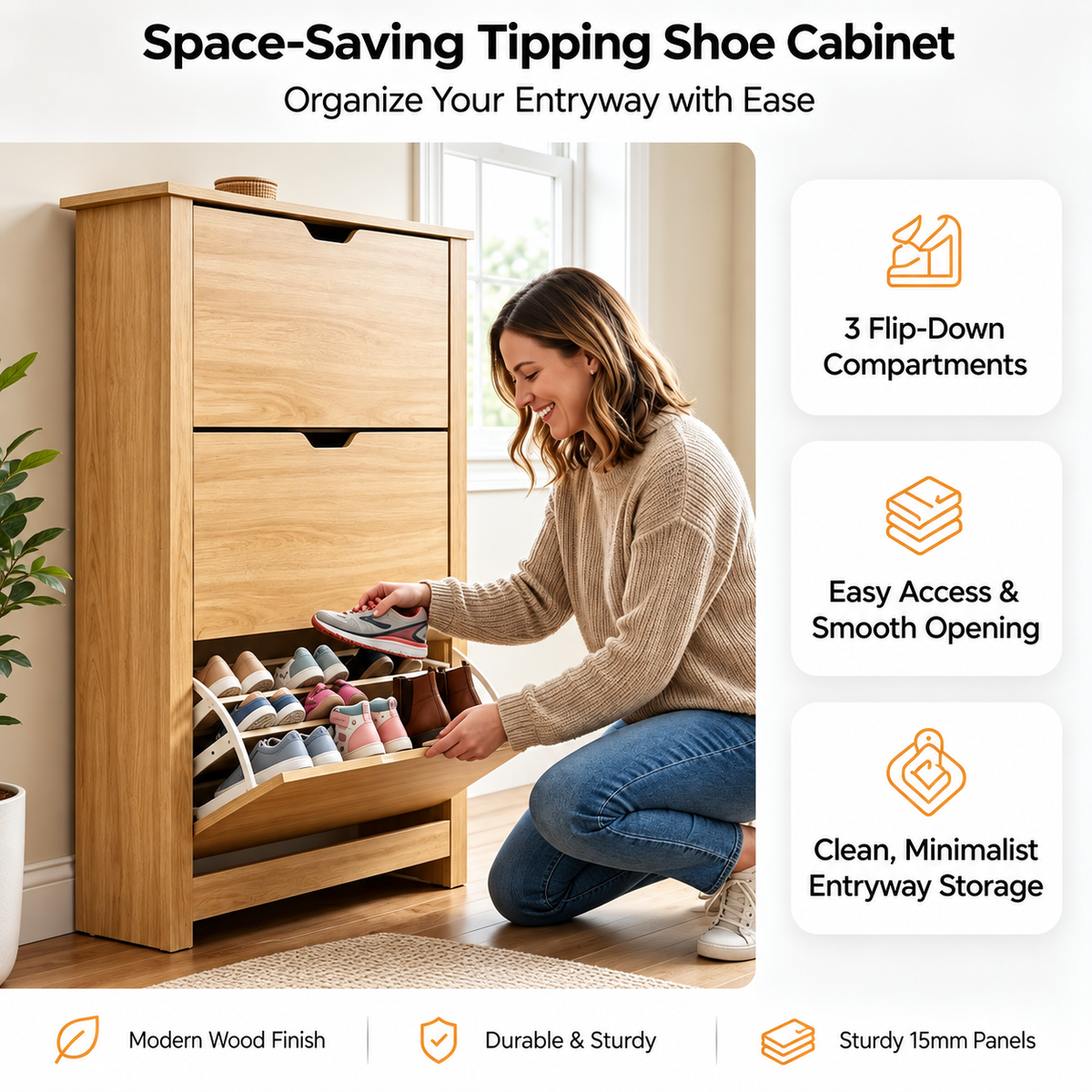 MFurn Slim Tipping Shoe Cabinet with 3 Flip-Down Compartments