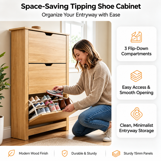 MFurn Slim Tipping Shoe Cabinet with 3 Flip-Down Compartments