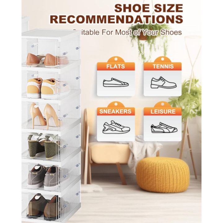 MHome 6-Tier Folding Shoe Box – Stackable Transparent Door Shoe Organizer