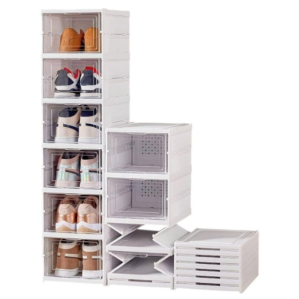 MHome 6-Tier Folding Shoe Box – Stackable Transparent Door Shoe Organizer