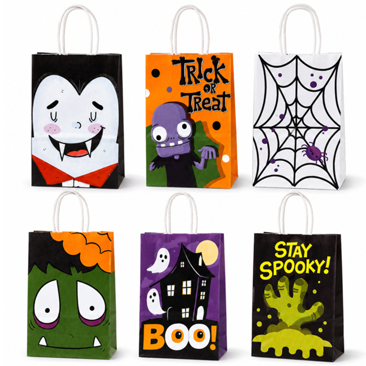 Halloween Paper Gift Treat Bags for Kids, 12 Pack 7 Spooky Designs with Handles