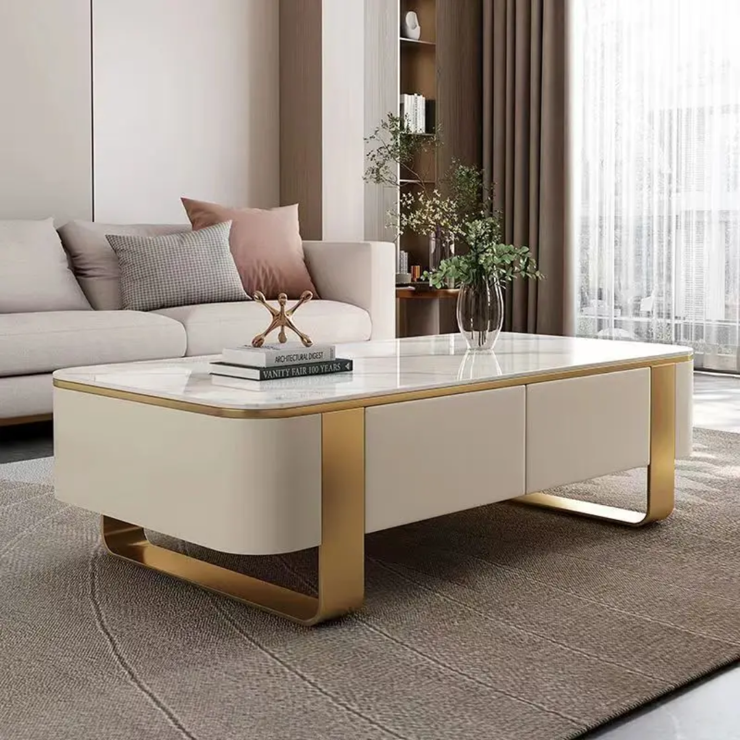 MFurn Marble Top Minimalistic Coffee Table with Storage Drawers