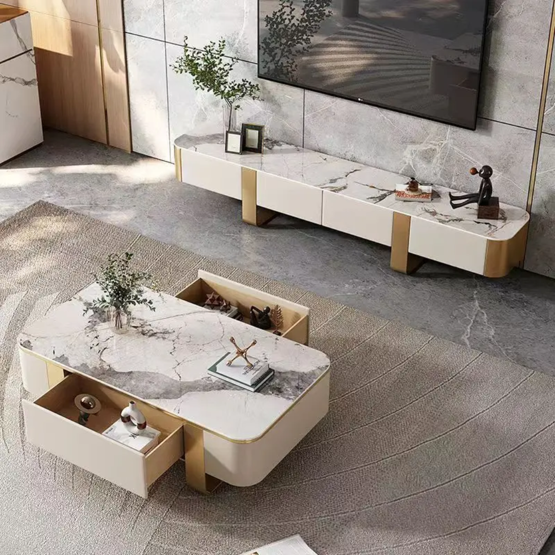 MFurn Marble Top Minimalistic Coffee Table with Storage Drawers