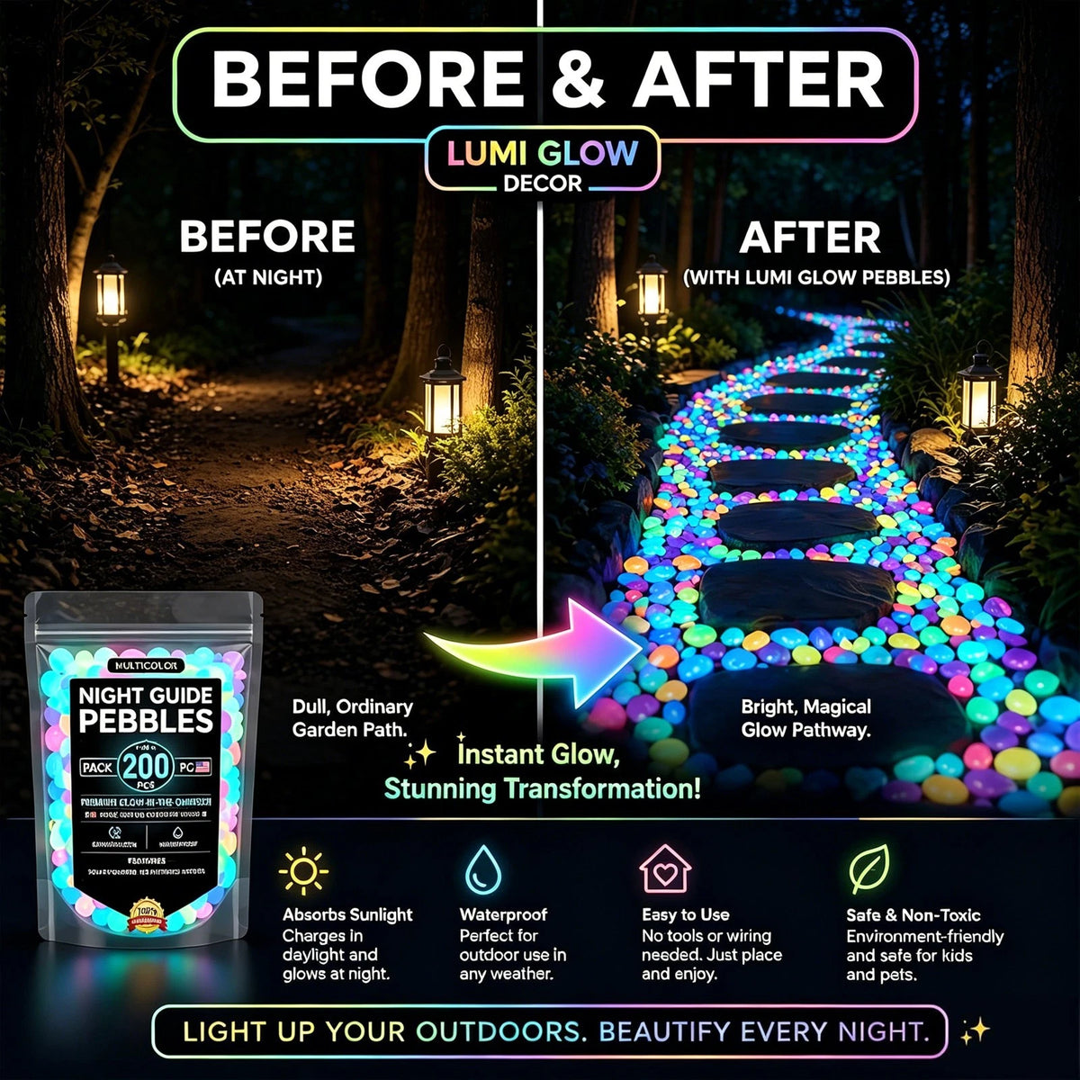 Glow in the Dark Garden Stones, Colorful Luminous Pebbles, 200pcs