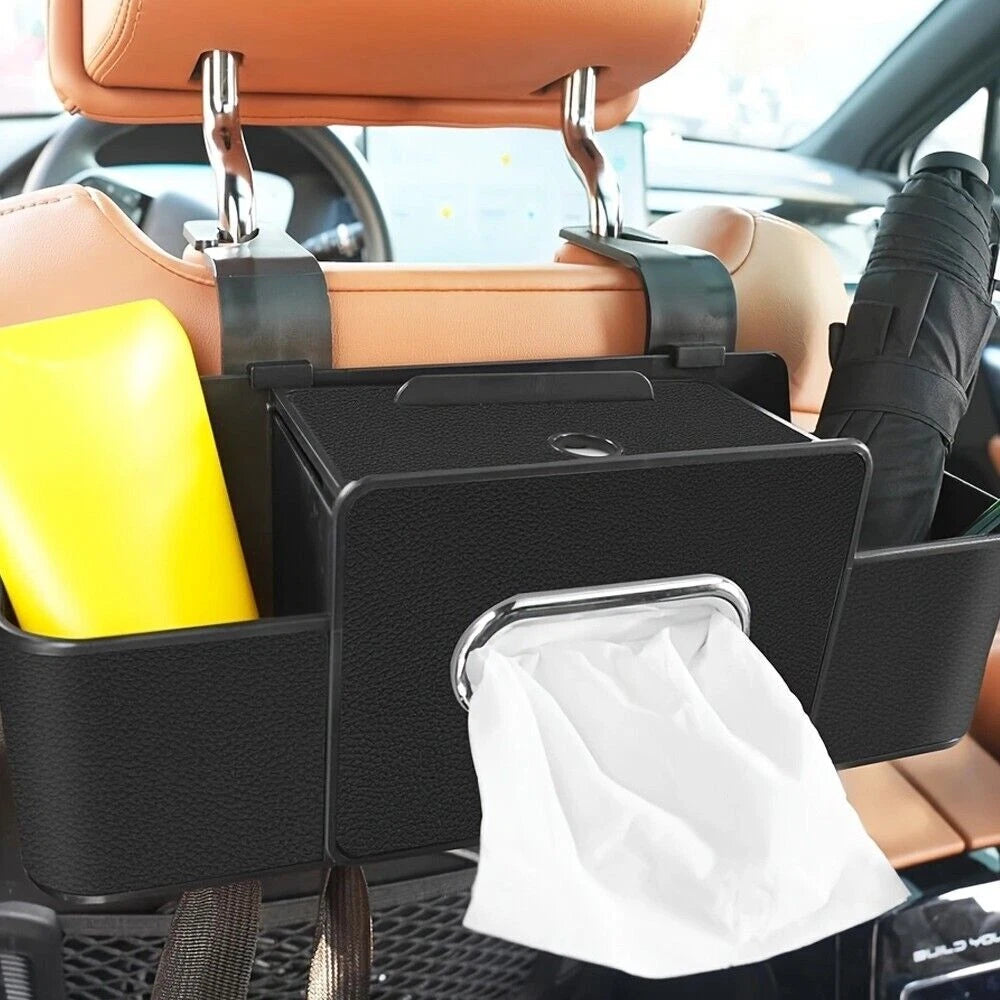 Car Back Seat Organizer with Cup & Tissue Holder, Hooks & Storage Tray Plus