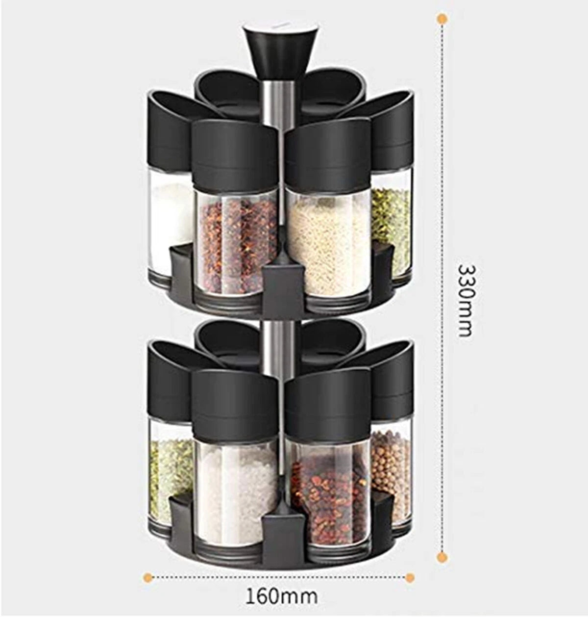 MHome Spice Rack with 12 Spice Jars – Stainless Steel Stand, Adjustable Salt & Pepper Shakers