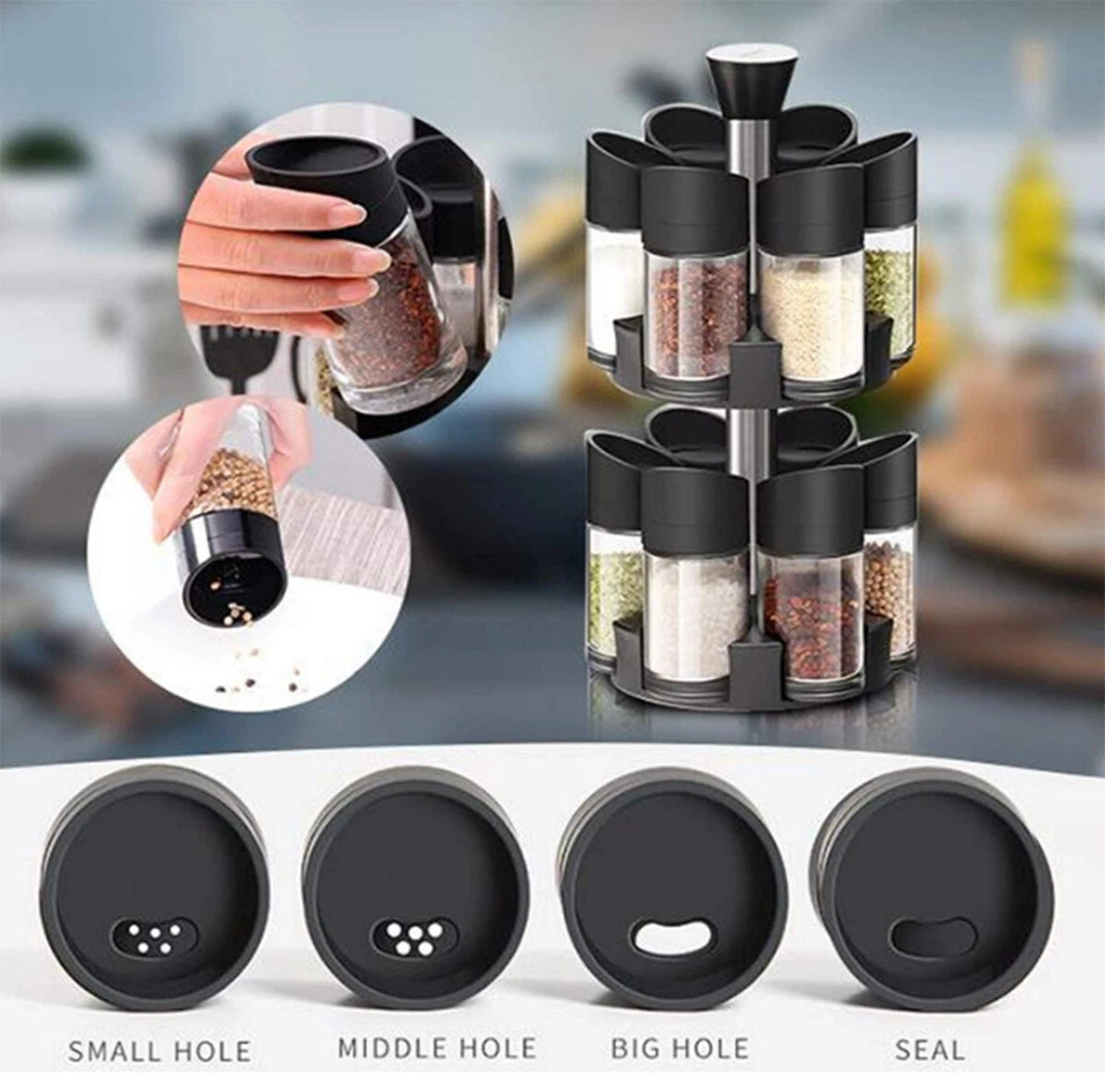 MHome Spice Rack with 12 Spice Jars – Stainless Steel Stand, Adjustable Salt & Pepper Shakers