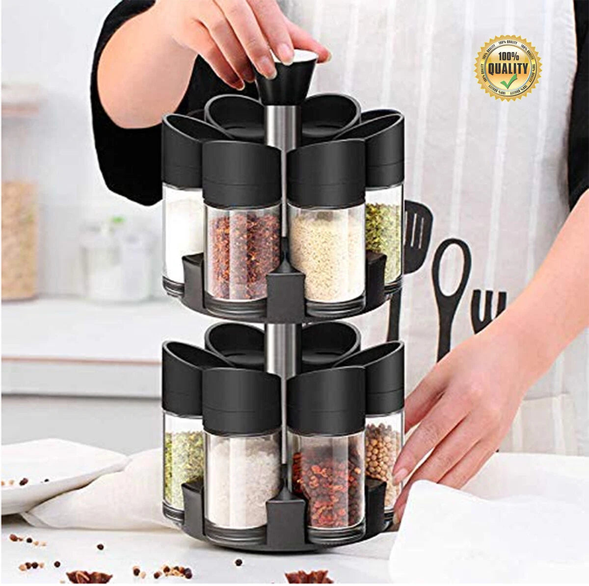 MHome Spice Rack with 12 Spice Jars – Stainless Steel Stand, Adjustable Salt & Pepper Shakers