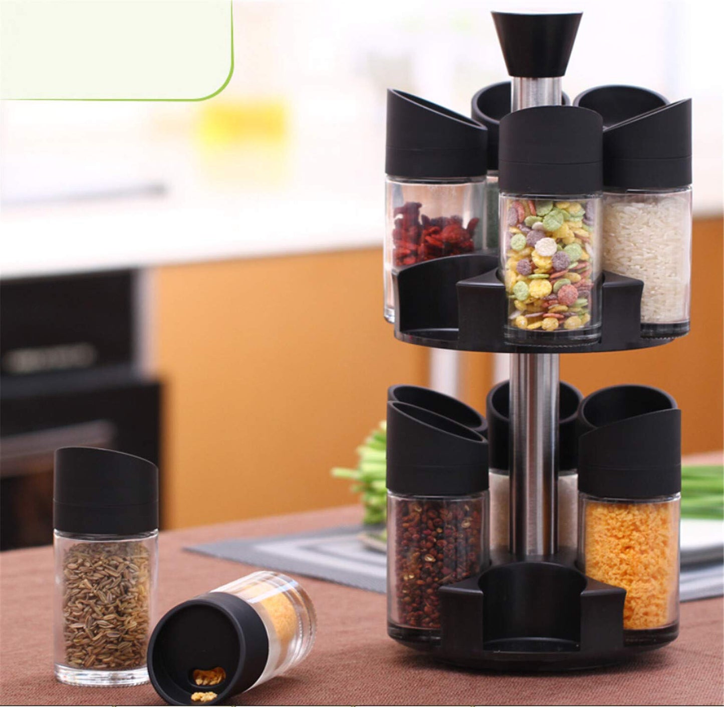 MHome Spice Rack with 12 Spice Jars – Stainless Steel Stand, Adjustable Salt & Pepper Shakers