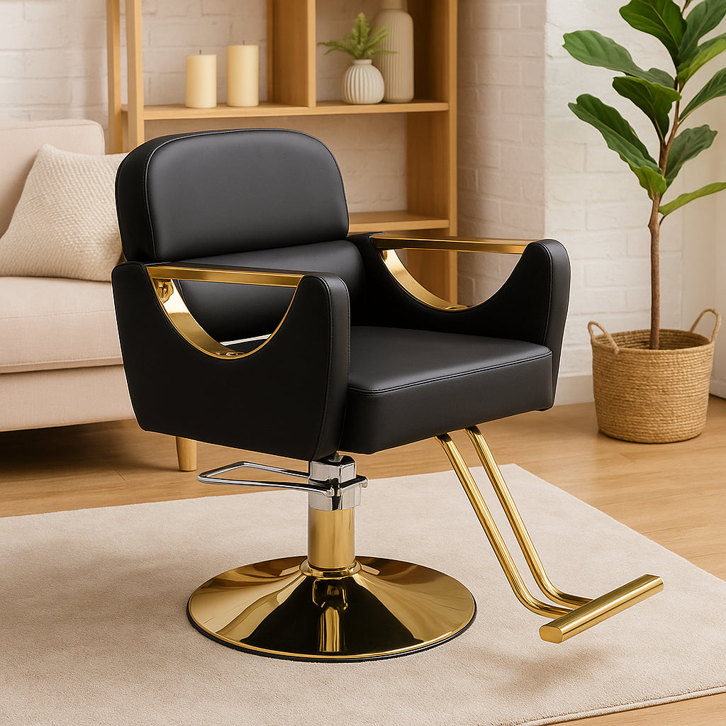 MFurn Luxury Hydraulic Salon Styling Chair – Modern Barber & Hairdresser Chair – Black & Gold