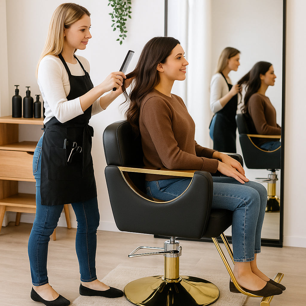 MFurn Luxury Hydraulic Salon Styling Chair – Modern Barber & Hairdresser Chair – Black & Gold