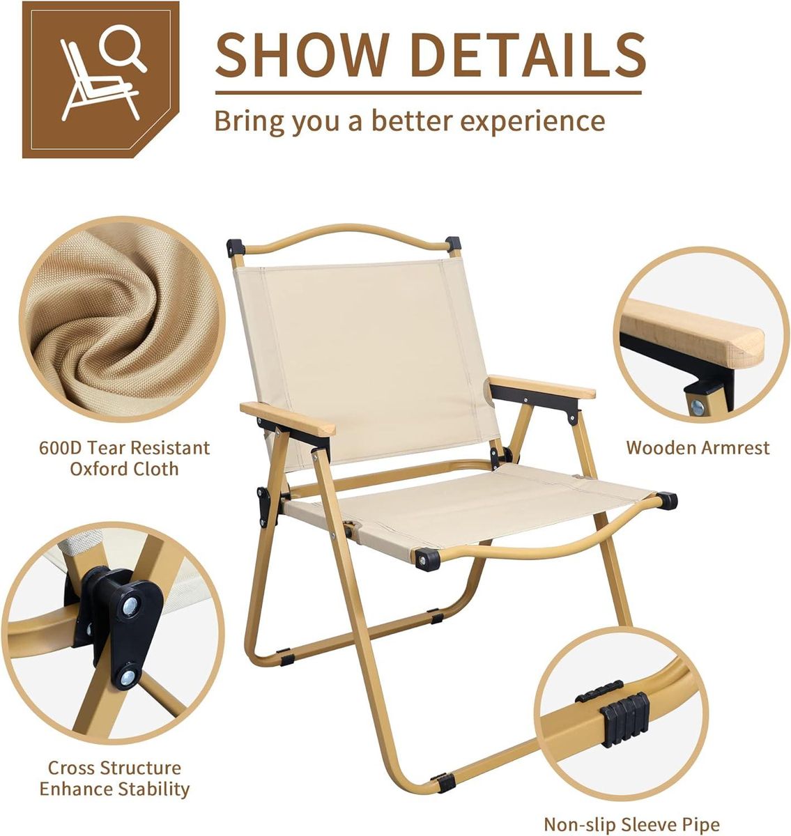 MHome Portable Outdoor Chair with Wood Armrests – Foldable & Heavy-Duty