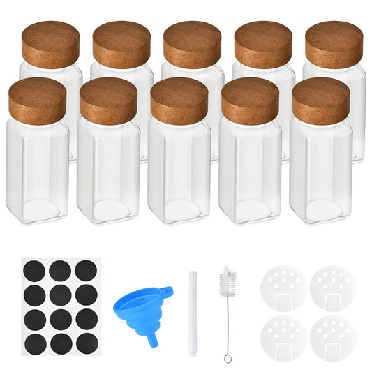 MHome 12/24 Piece 120ml Glass Spice Jar Set with Wooden Lids, Labels, Funnel & Brush