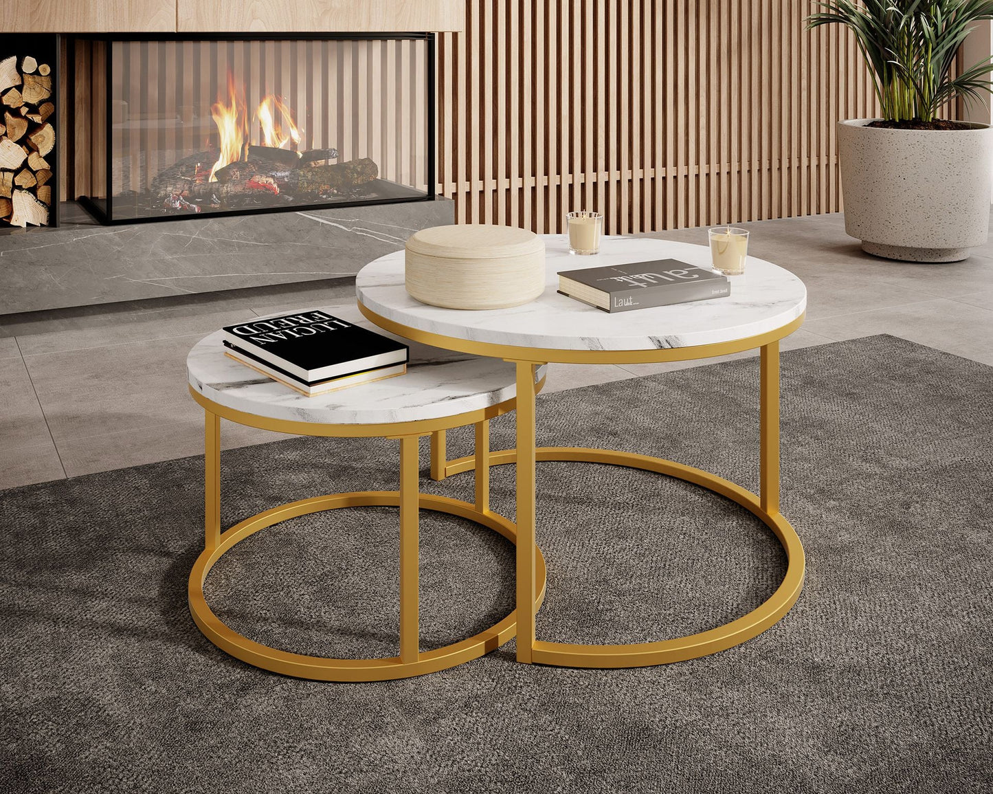 MFurn Nesting End Table Set of 2 – Round Marble Look Coffee Tables with Gold Frame