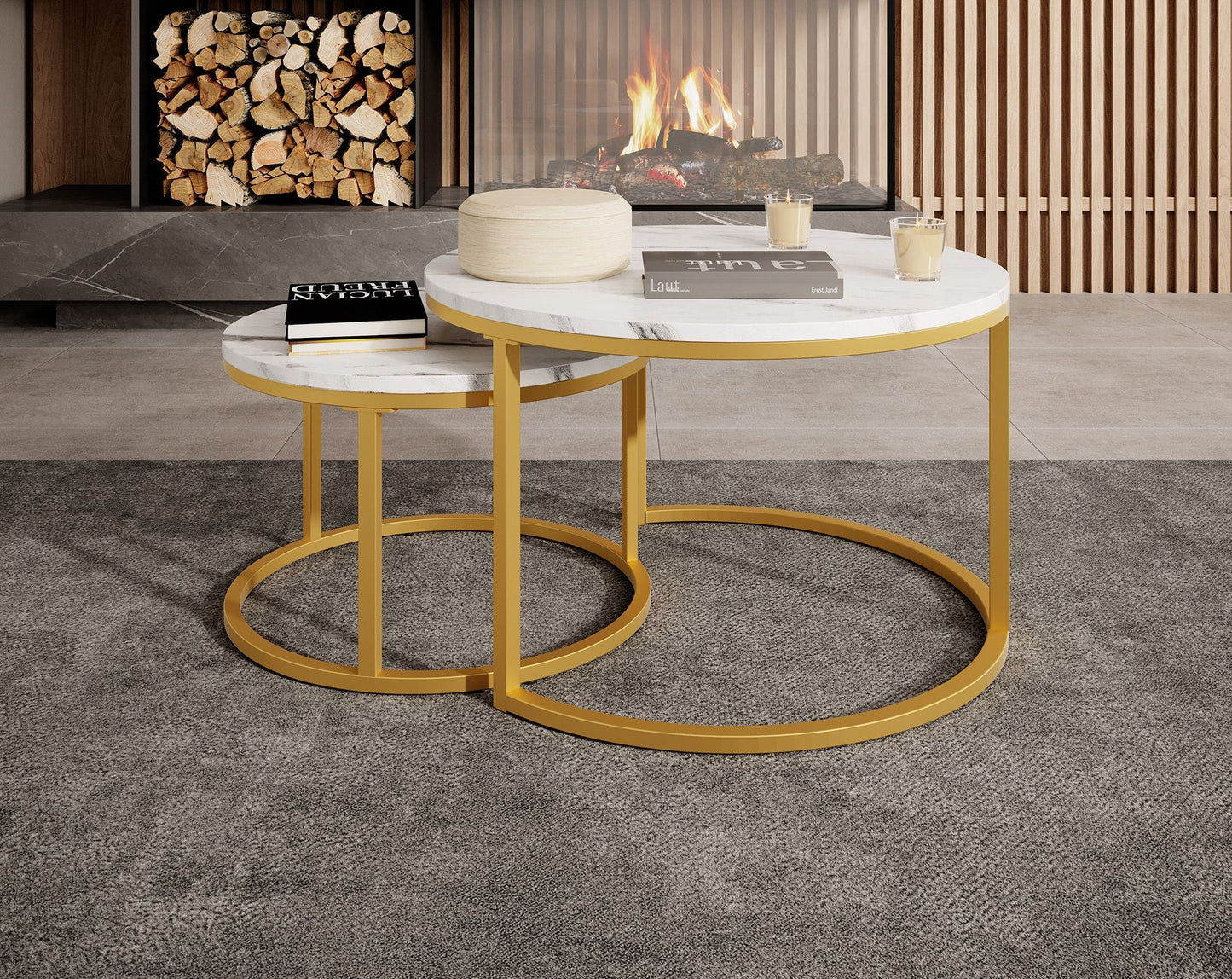 MFurn Nesting End Table Set of 2 – Round Marble Look Coffee Tables with Gold Frame