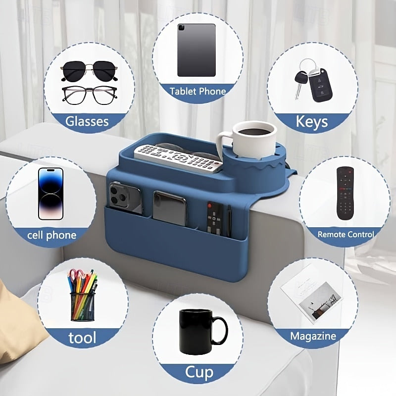 MHome Multifunctional Silicone Armrest Cup Holder Tray – Non-Slip Sofa Tray with Cup Holder & Storage Pockets